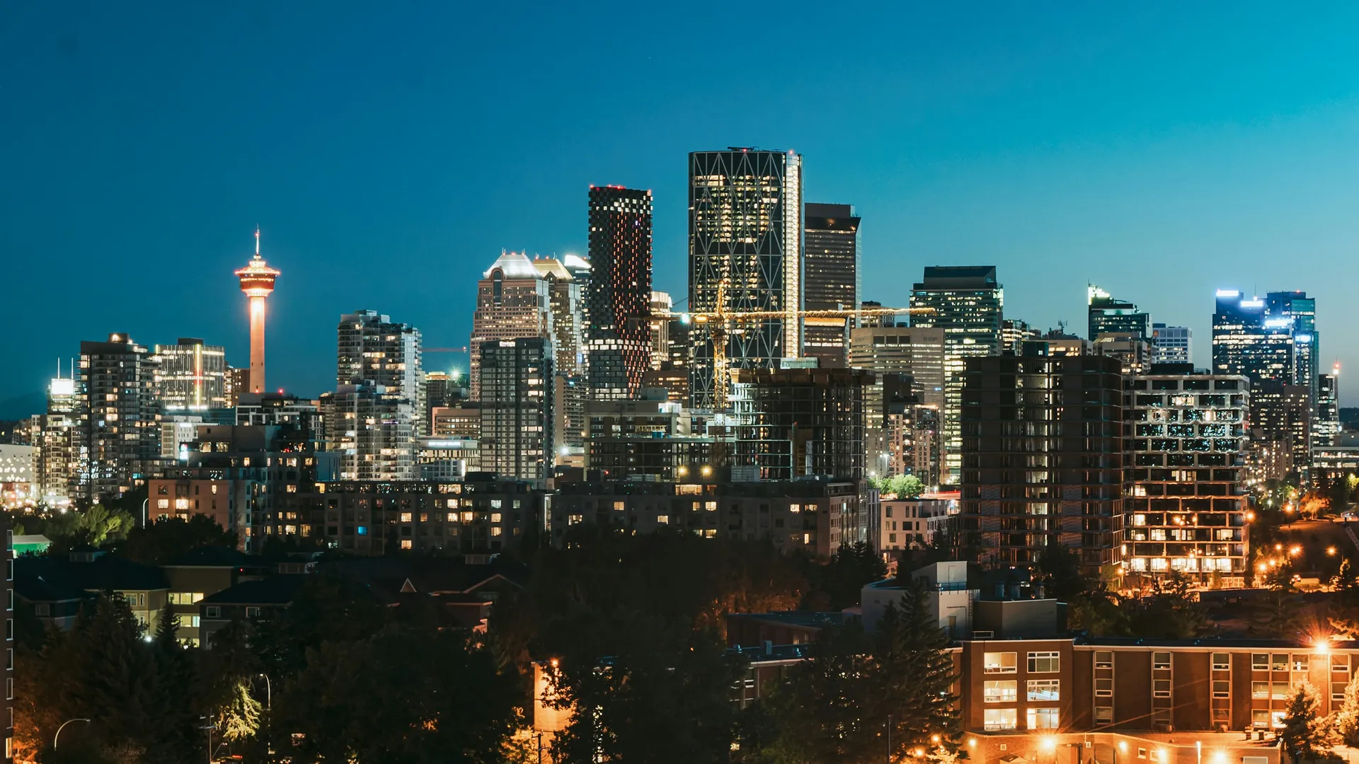 Calgary skyline and the Calgary Tower at night