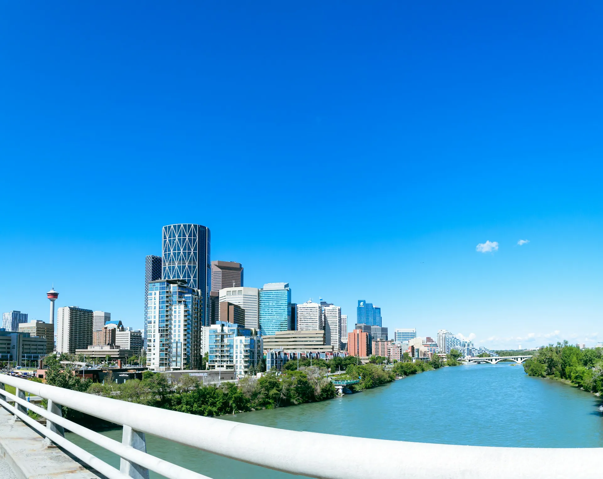 Calgary skyline seen from a bridge over the Bow River
