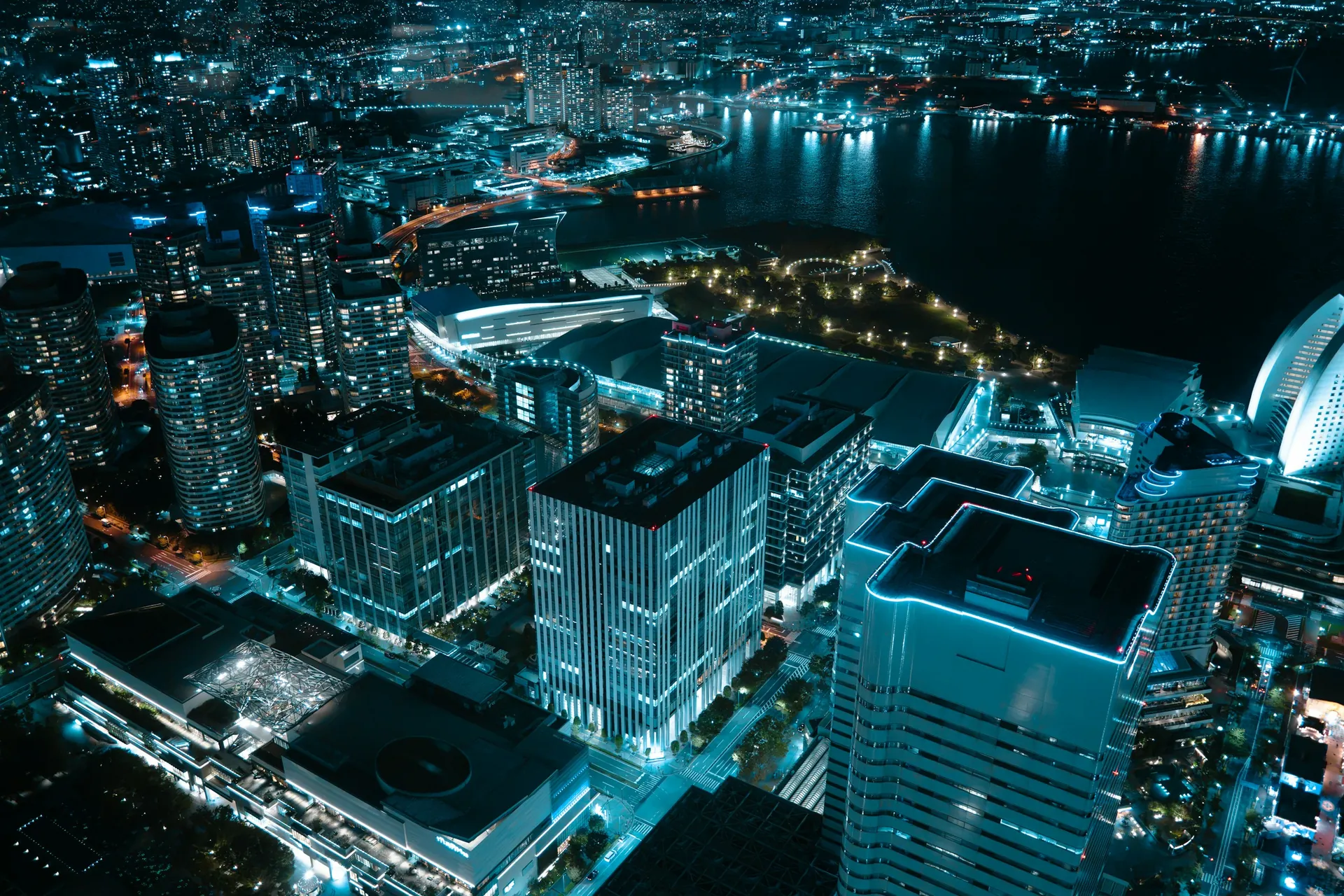 Illuminated city and waterfront seen from above at night